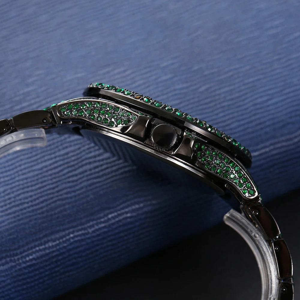 New Green Diamond Watch for Men Luxury Hip Hop Diamond Watches Unique Bling Ice Out Luminous Waterproof Clock Relogios Masculino
