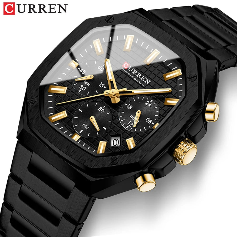 Casual Versatility Men'S Square Stainless Steel Chronograph Watch with Date Vintage-Inspired Design Quartz Wristwatch