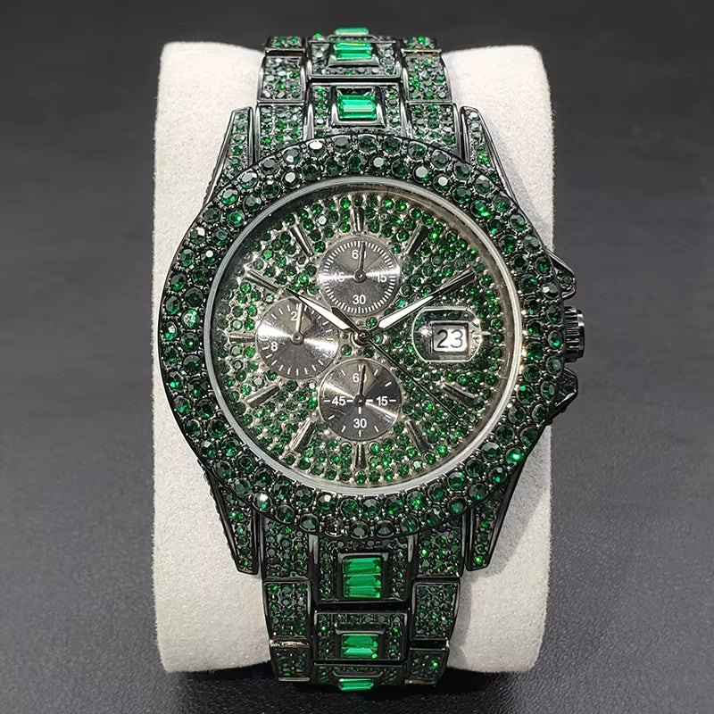 New Green Diamond Watch for Men Luxury Hip Hop Diamond Watches Unique Bling Ice Out Luminous Waterproof Clock Relogios Masculino