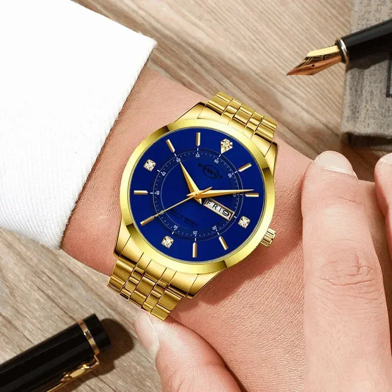 Stainless Steel Men'S Watch Waterproof Business Date Watch Quartz Dot Diamond Luxury Diamond Gold Men Watches