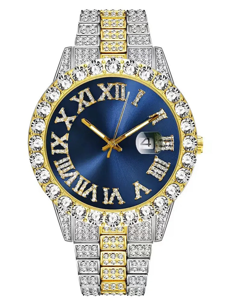 2Pcs Fashion Luxury Full Diamond Steel Band Calendar Roman Scale Men'S Steel Band Quartz Watch with Diamond Chain Bracelet Set