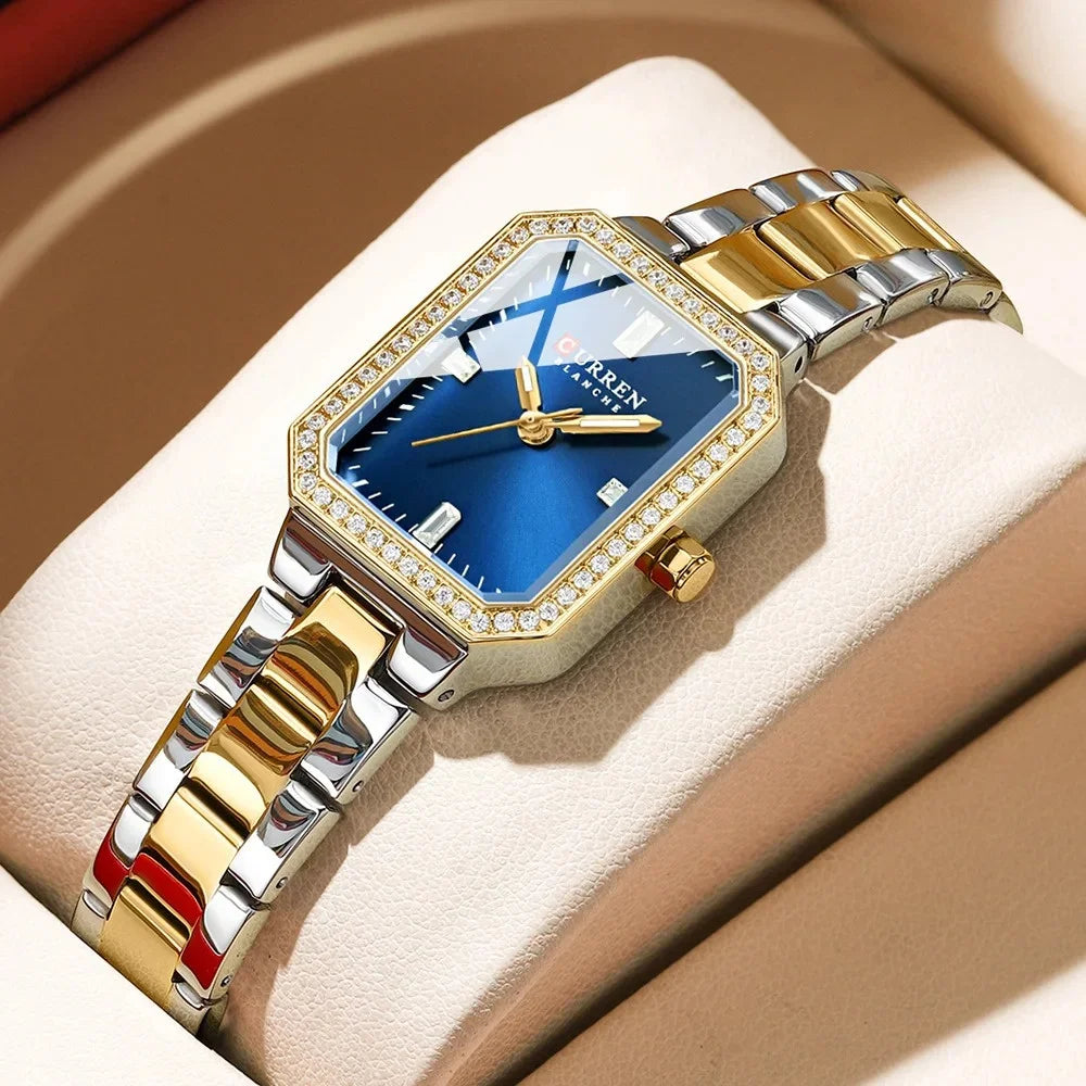 9102 Diamond Watch Rectangle Dial with Stainless Steel Bracelet Fashion Dress Quartz Watches for Women Reloj Mujer