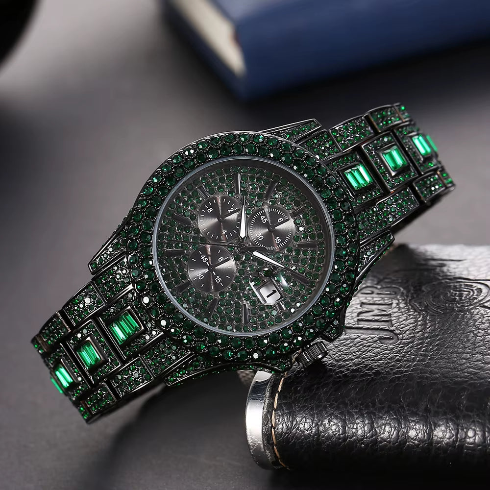 New Green Diamond Watch for Men Luxury Hip Hop Diamond Watches Unique Bling Ice Out Luminous Waterproof Clock Relogios Masculino