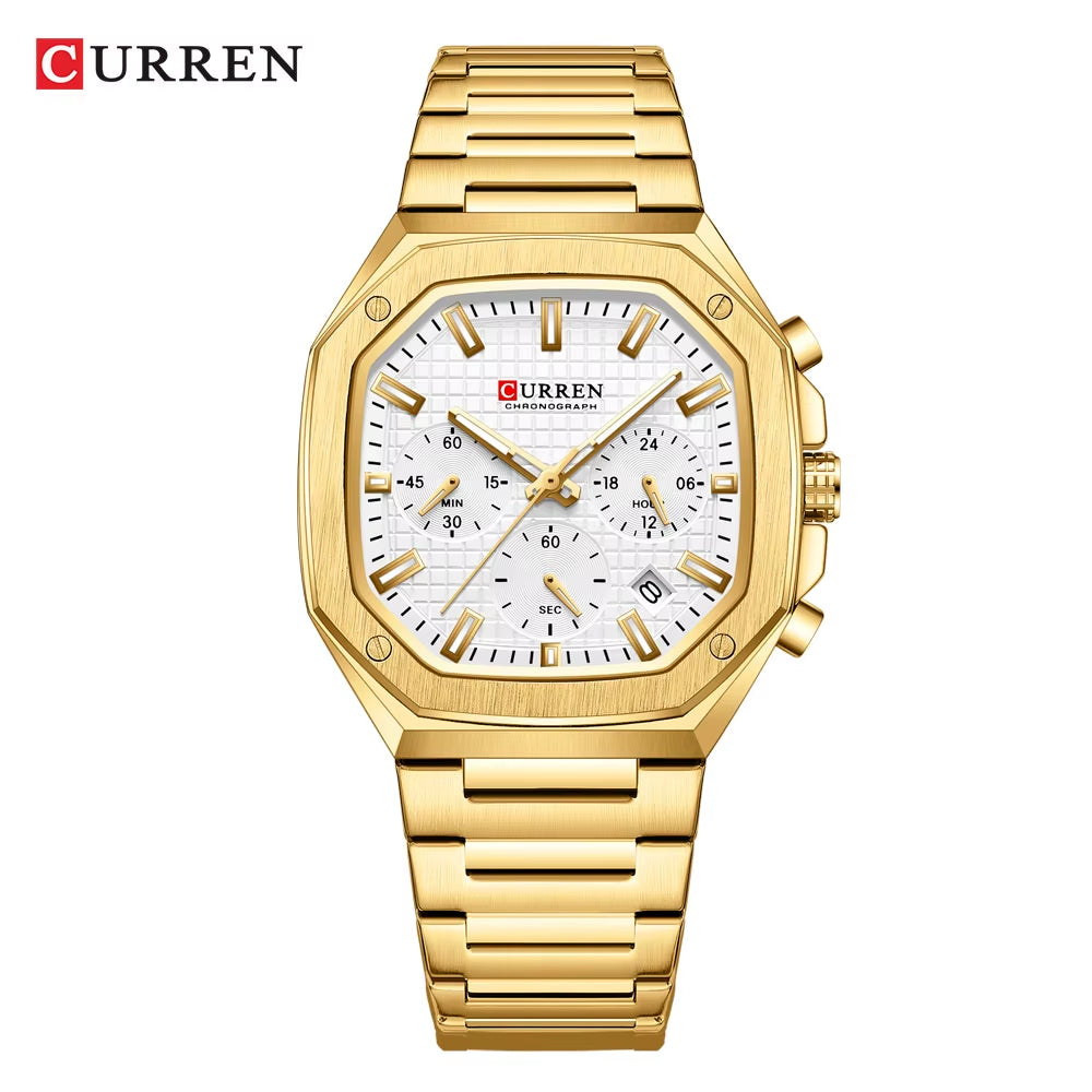 Casual Versatility Men'S Square Stainless Steel Chronograph Watch with Date Vintage-Inspired Design Quartz Wristwatch