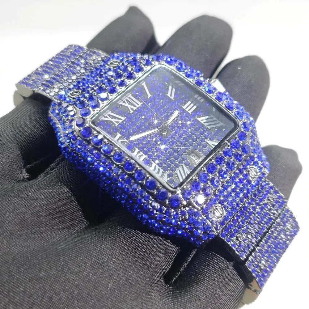 New Blue Diamond Watch for Men Luxury Stainless Steel Hip Hop Watches Unique Bling Ice Out Waterproof Wristwatch Man 2025 Hot 