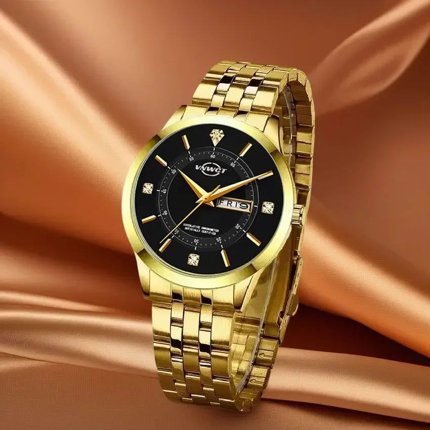Stainless Steel Men'S Watch Waterproof Business Date Watch Quartz Dot Diamond Luxury Diamond Gold Men Watches