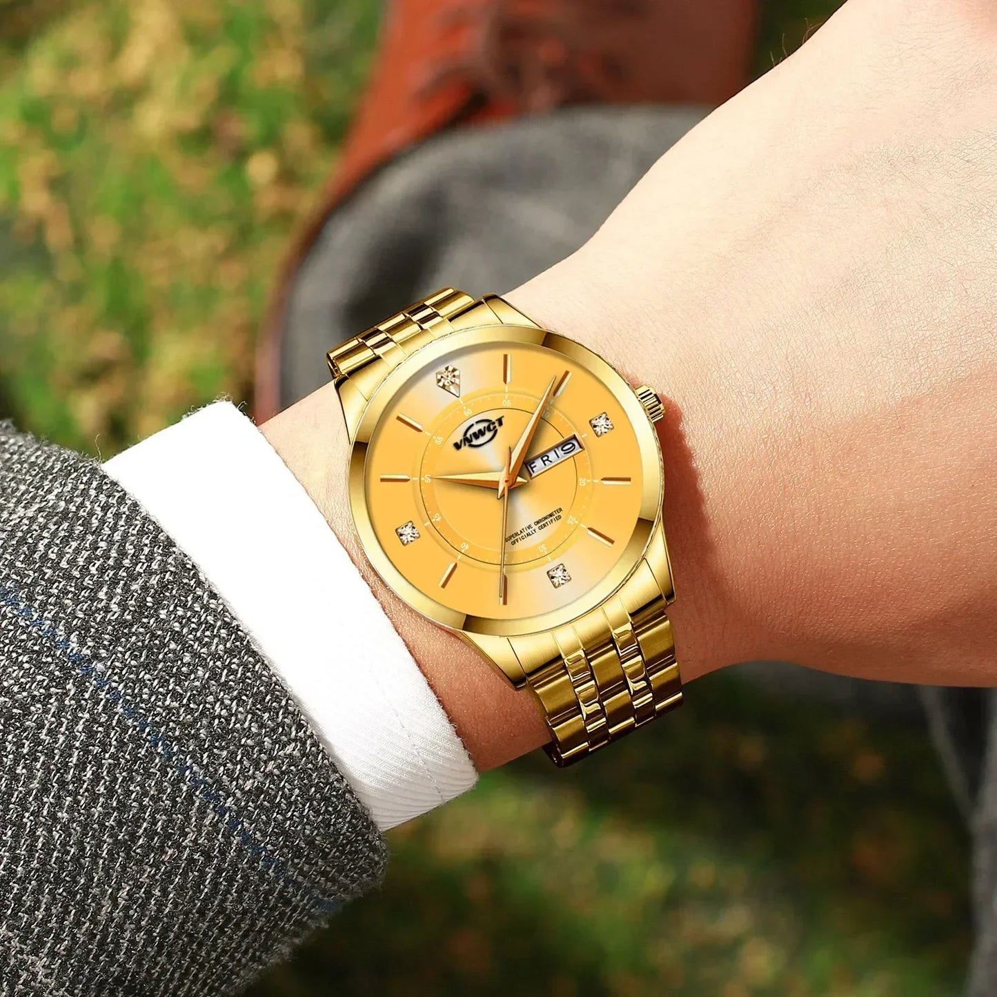 Stainless Steel Men'S Watch Waterproof Business Date Watch Quartz Dot Diamond Luxury Diamond Gold Men Watches