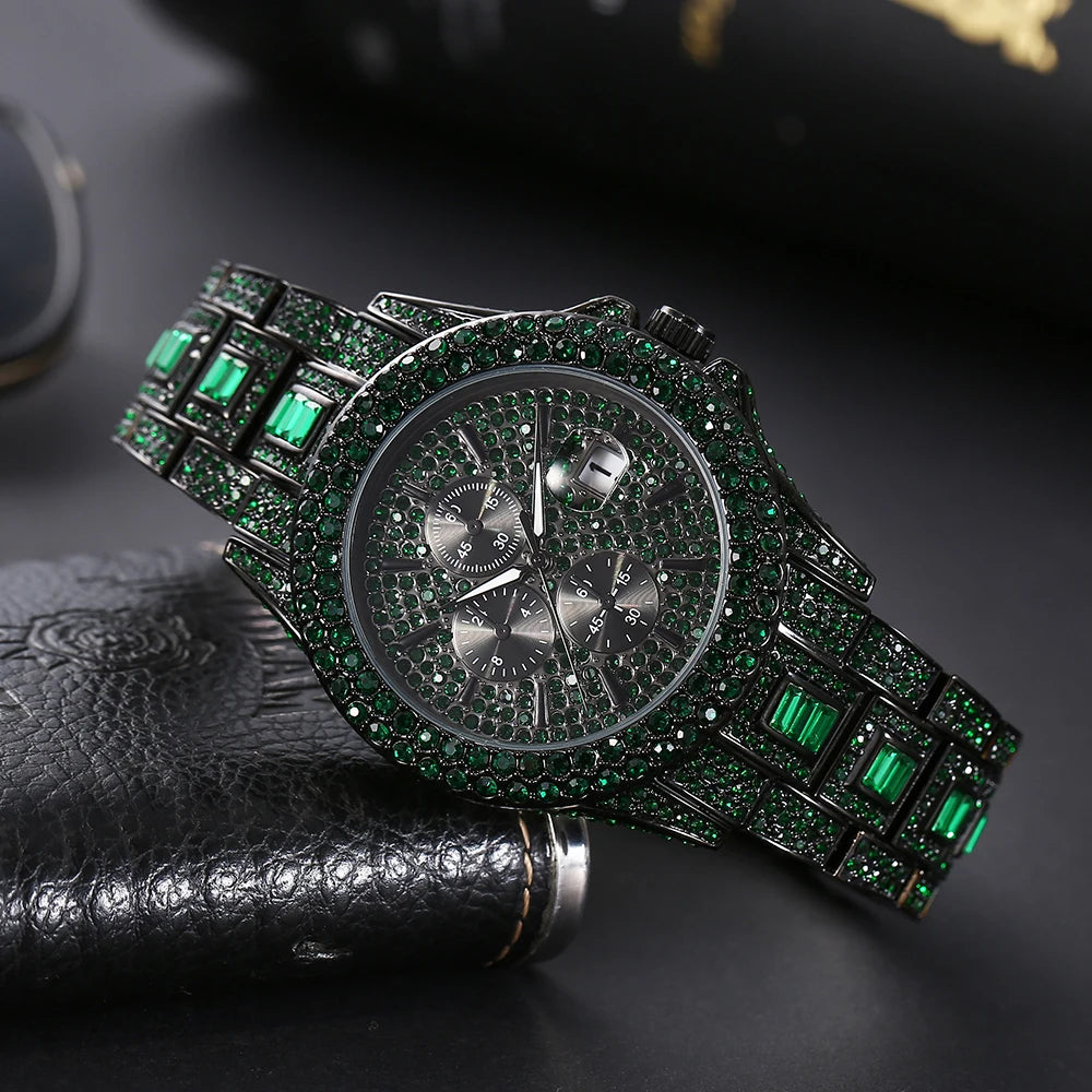 New Green Diamond Watch for Men Luxury Hip Hop Diamond Watches Unique Bling Ice Out Luminous Waterproof Clock Relogios Masculino