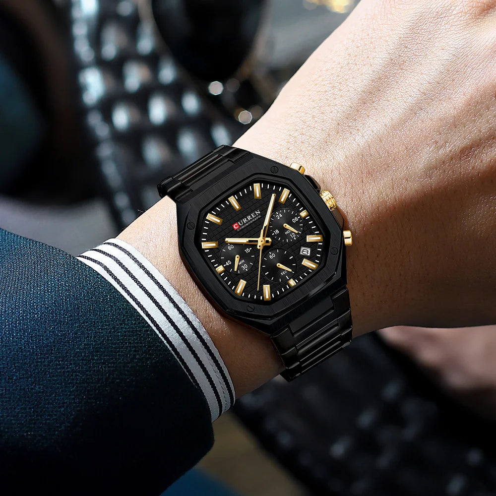 Casual Versatility Men'S Square Stainless Steel Chronograph Watch with Date Vintage-Inspired Design Quartz Wristwatch