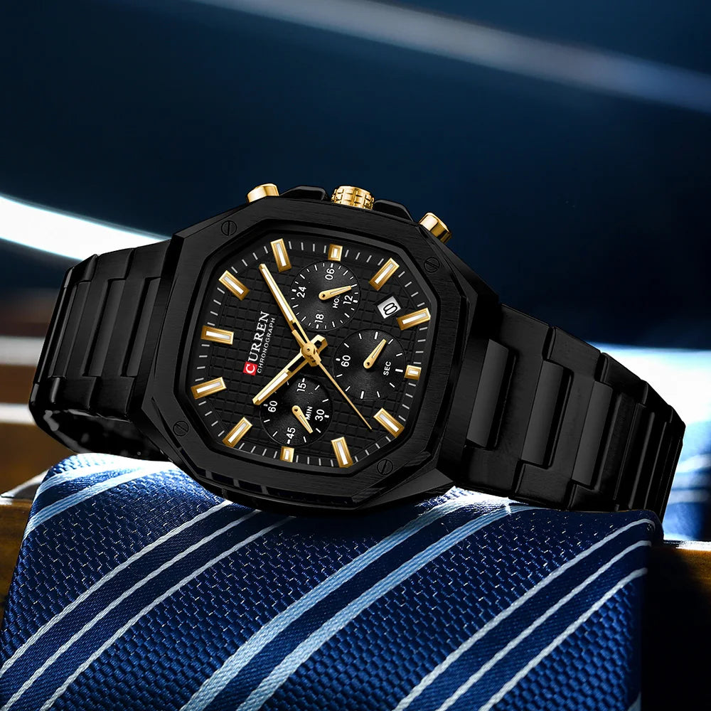 Casual Versatility Men'S Square Stainless Steel Chronograph Watch with Date Vintage-Inspired Design Quartz Wristwatch