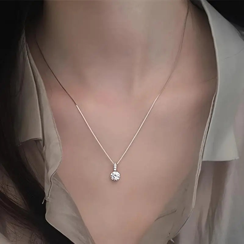 Fashion 925 Sterling Silver round Zircon Necklace Minimalist Style Charm Choker Pendant Party Gift for Women'S Fine Jewelry