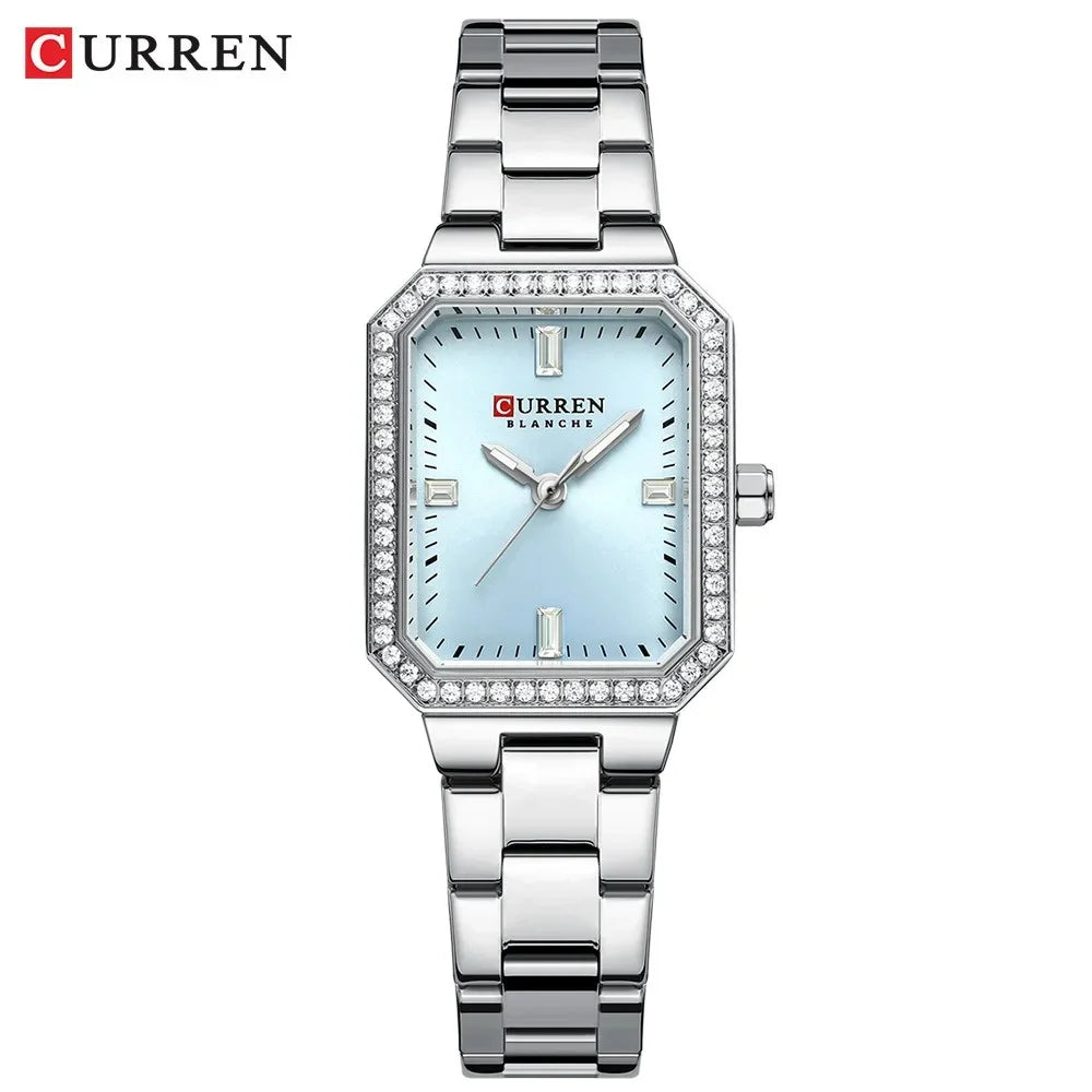 9102 Diamond Watch Rectangle Dial with Stainless Steel Bracelet Fashion Dress Quartz Watches for Women Reloj Mujer