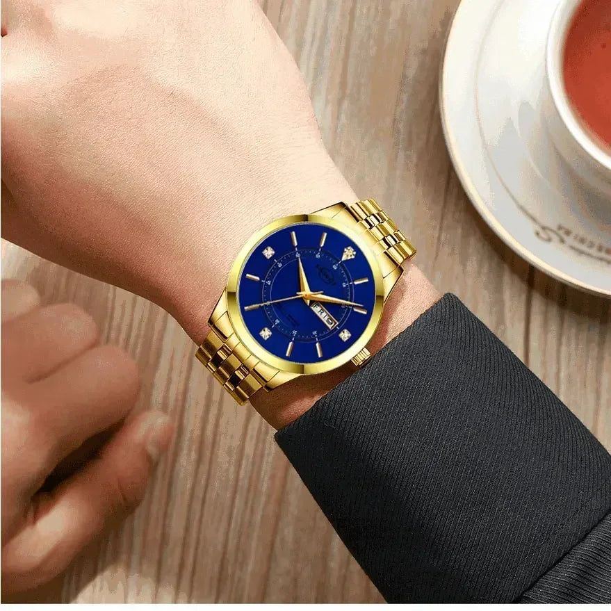 Stainless Steel Men'S Watch Waterproof Business Date Watch Quartz Dot Diamond Luxury Diamond Gold Men Watches