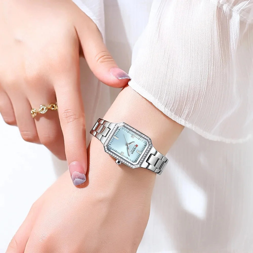 9102 Diamond Watch Rectangle Dial with Stainless Steel Bracelet Fashion Dress Quartz Watches for Women Reloj Mujer