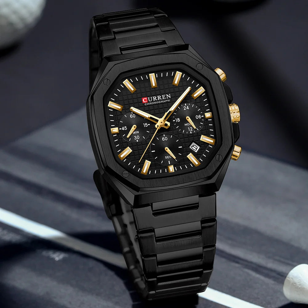 Casual Versatility Men'S Square Stainless Steel Chronograph Watch with Date Vintage-Inspired Design Quartz Wristwatch