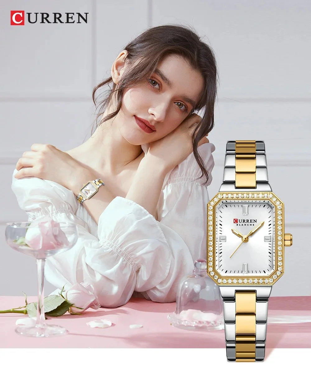 9102 Diamond Watch Rectangle Dial with Stainless Steel Bracelet Fashion Dress Quartz Watches for Women Reloj Mujer