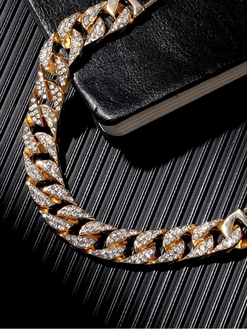 2Pcs Fashion Luxury Full Diamond Steel Band Calendar Roman Scale Men'S Steel Band Quartz Watch with Diamond Chain Bracelet Set