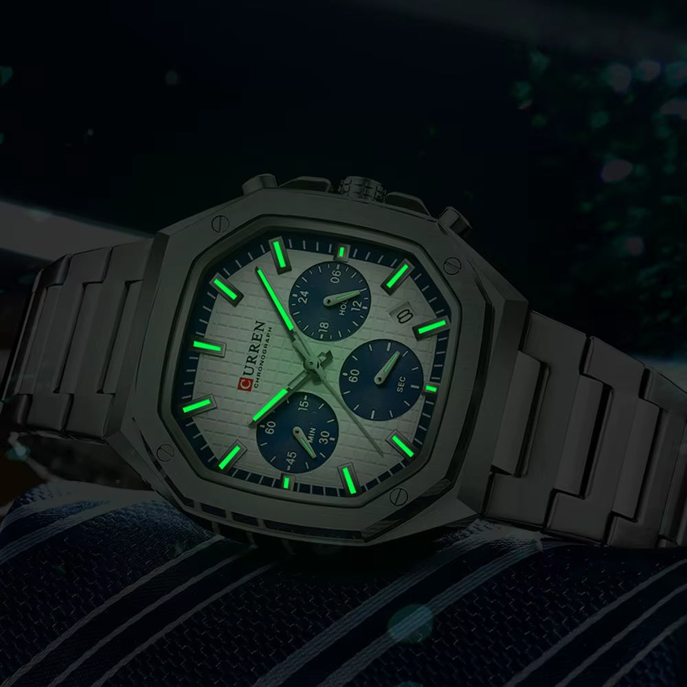 Casual Versatility Men'S Square Stainless Steel Chronograph Watch with Date Vintage-Inspired Design Quartz Wristwatch