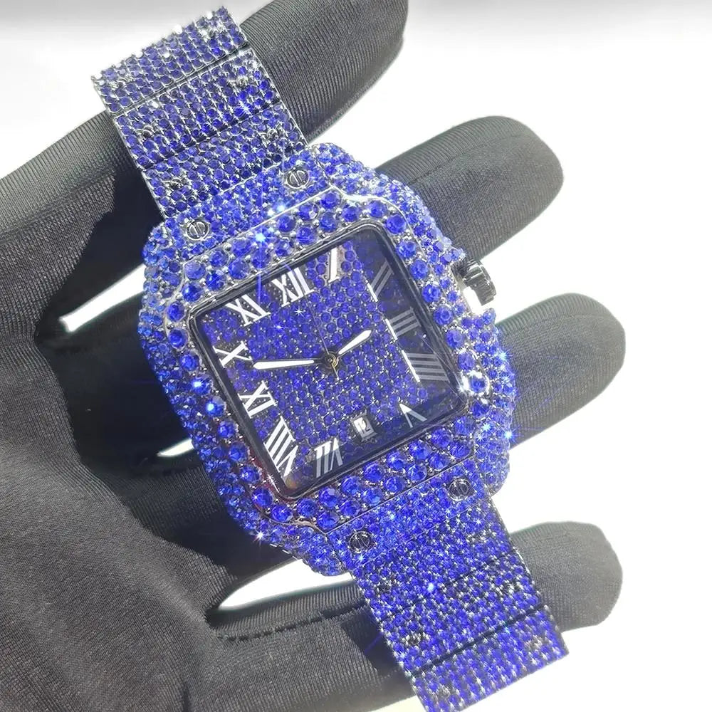 New Blue Diamond Watch for Men Luxury Stainless Steel Hip Hop Watches Unique Bling Ice Out Waterproof Wristwatch Man 2025 Hot 