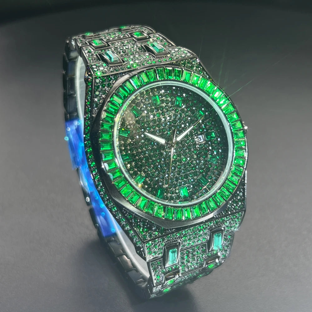 New Green Diamond Watch for Men Luxury Hip Hop Diamond Watches Unique Bling Ice Out Luminous Waterproof 2024 Wristwatch for Gift