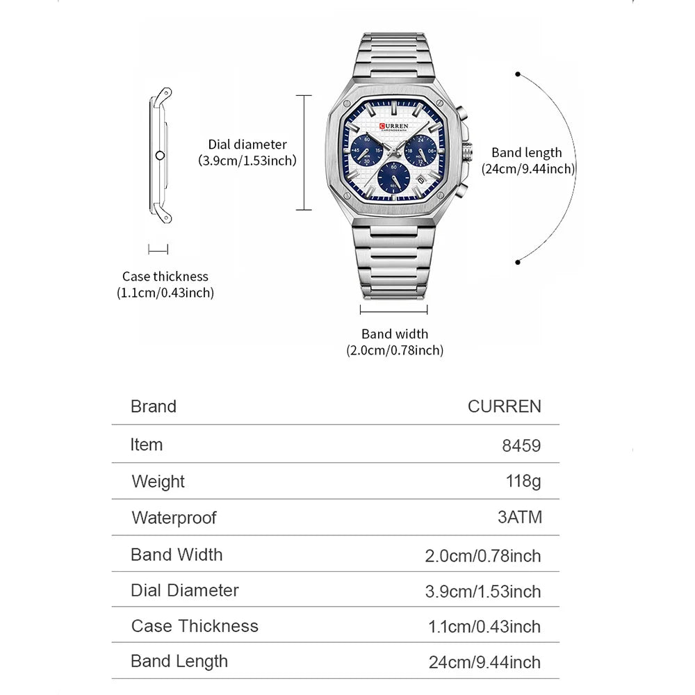 Casual Versatility Men'S Square Stainless Steel Chronograph Watch with Date Vintage-Inspired Design Quartz Wristwatch
