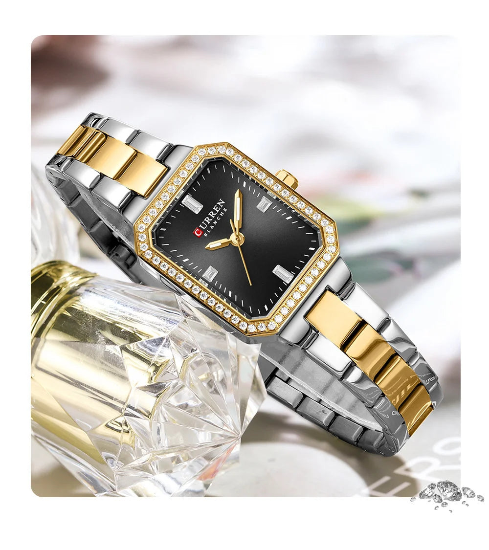 9102 Diamond Watch Rectangle Dial with Stainless Steel Bracelet Fashion Dress Quartz Watches for Women Reloj Mujer