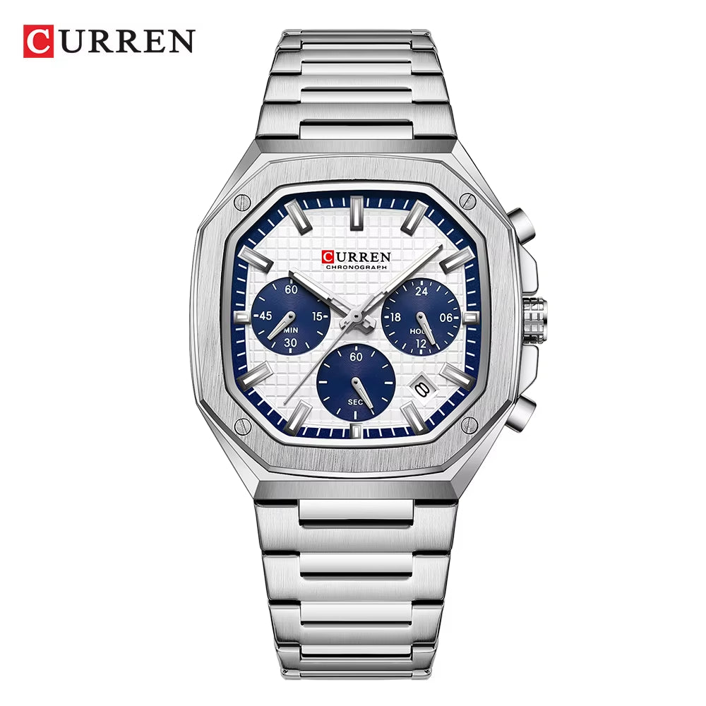 Casual Versatility Men'S Square Stainless Steel Chronograph Watch with Date Vintage-Inspired Design Quartz Wristwatch
