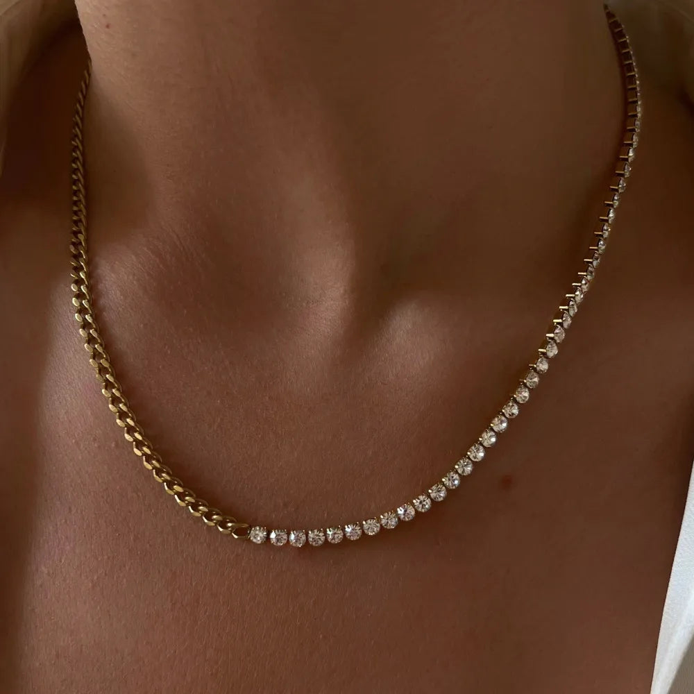 Spliced Titanium Steel Diamond Necklace Multi Layered Jewelry Plated 18K Gold