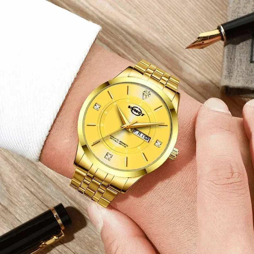 Stainless Steel Men'S Watch Waterproof Business Date Watch Quartz Dot Diamond Luxury Diamond Gold Men Watches