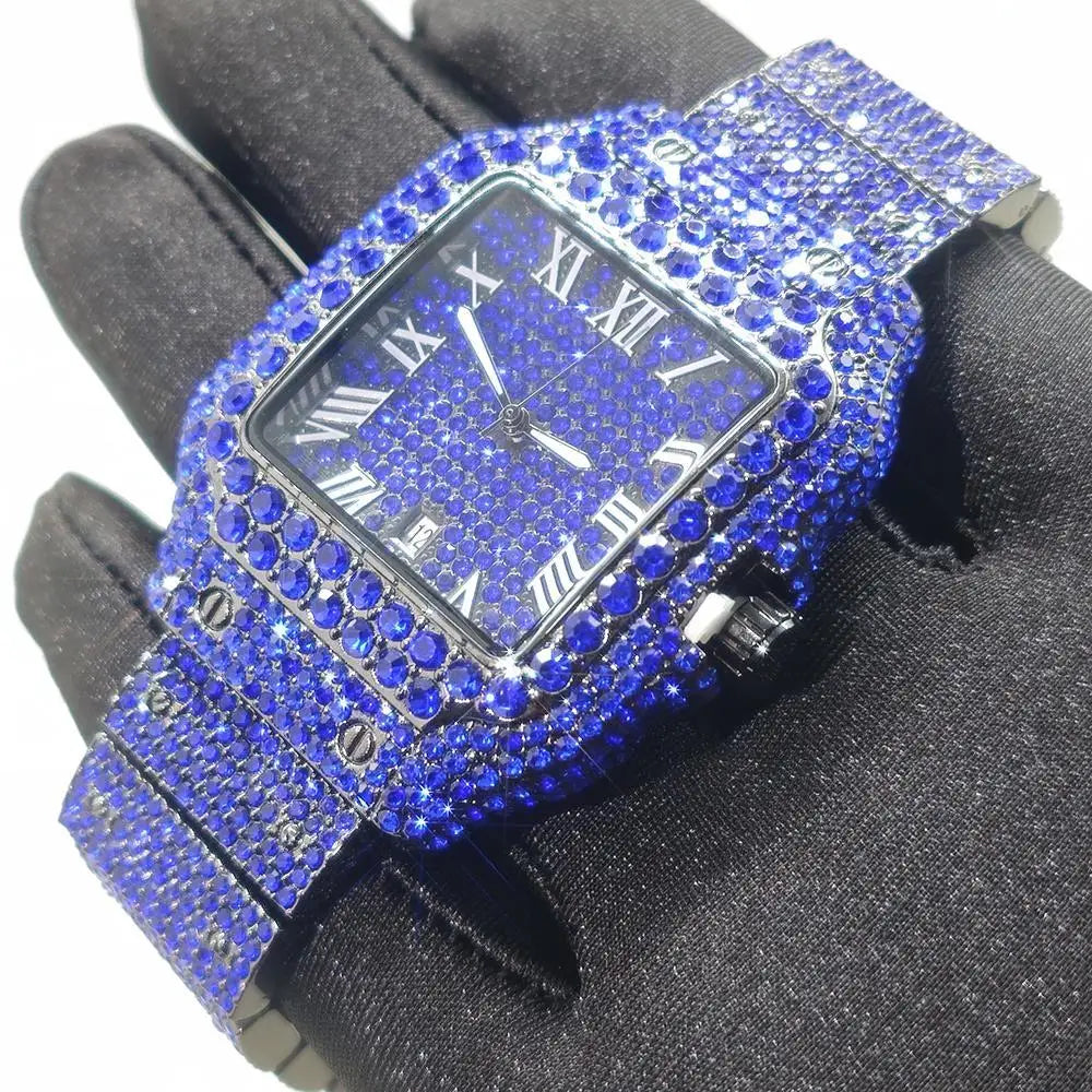 New Blue Diamond Watch for Men Luxury Stainless Steel Hip Hop Watches Unique Bling Ice Out Waterproof Wristwatch Man 2025 Hot 