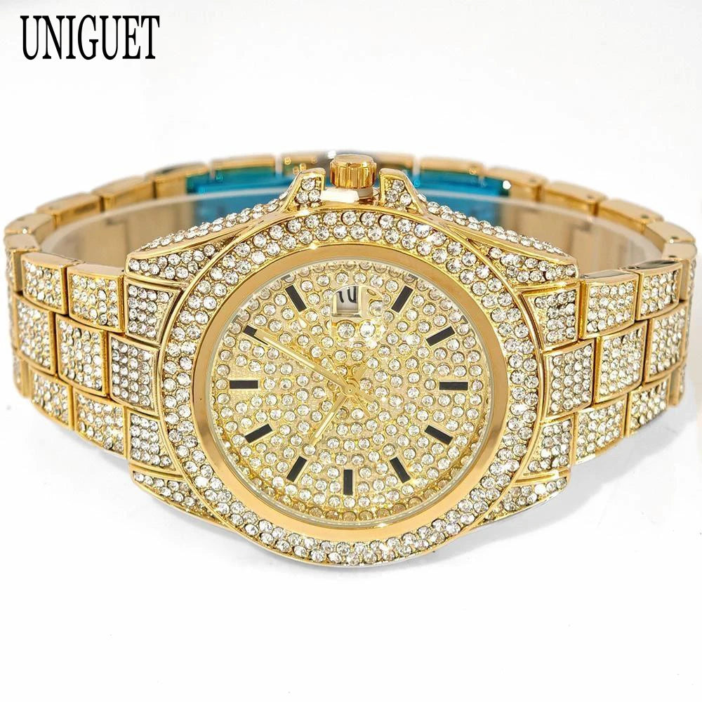 2025 Top Luxury Gold Mens Watches Fashion Design Hip Hop Diamond Watch with Calendar Waterproof Quartz Wristwatches Man Gift Hot