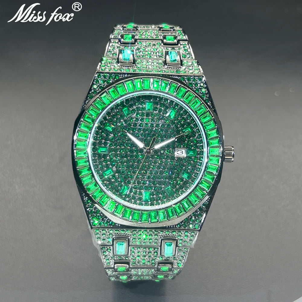 New Green Diamond Watch for Men Luxury Hip Hop Diamond Watches Unique Bling Ice Out Luminous Waterproof 2024 Wristwatch for Gift