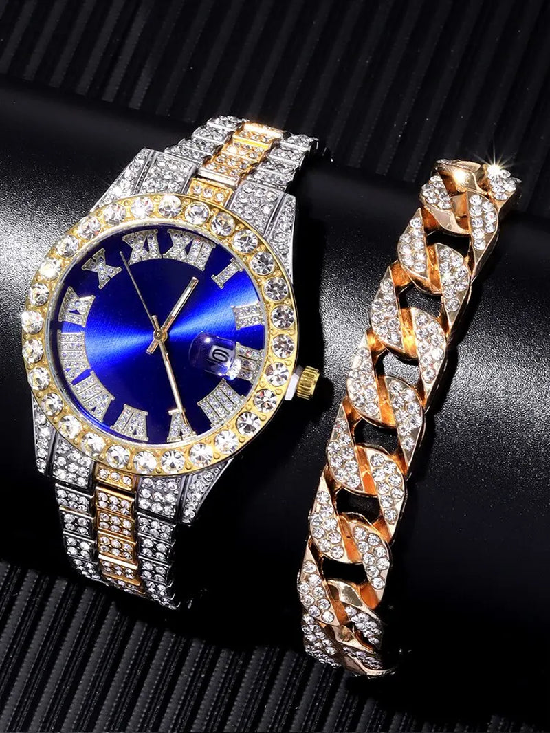 2Pcs Fashion Luxury Full Diamond Steel Band Calendar Roman Scale Men'S Steel Band Quartz Watch with Diamond Chain Bracelet Set