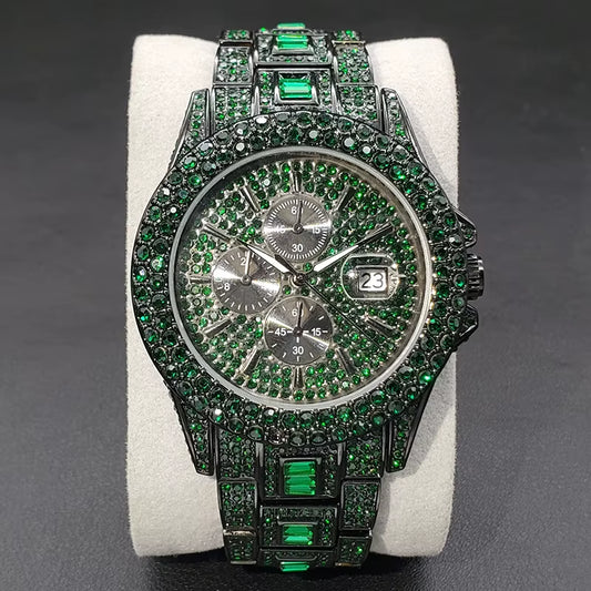 New Green Diamond Watch for Men Luxury Hip Hop Diamond Watches Unique Bling Ice Out Luminous Waterproof Clock Relogios Masculino