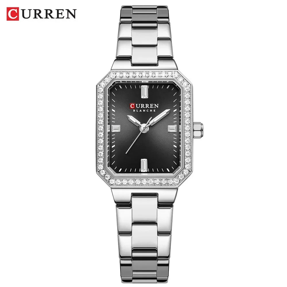 9102 Diamond Watch Rectangle Dial with Stainless Steel Bracelet Fashion Dress Quartz Watches for Women Reloj Mujer