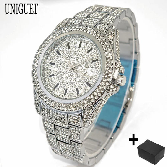 2025 Top Luxury Gold Mens Watches Fashion Design Hip Hop Diamond Watch with Calendar Waterproof Quartz Wristwatches Man Gift Hot