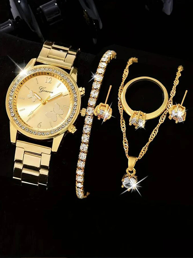 6 Pieces of Fashionable and Versatile Diamond Inlaid Rhinestone WOMEN'S Quartz Steel Band Watch+Necklace+Earrings+Ring+Bracelet