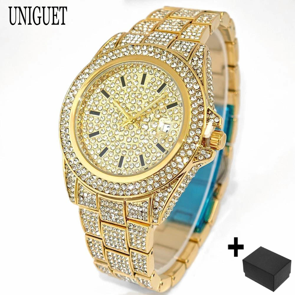 2025 Top Luxury Gold Mens Watches Fashion Design Hip Hop Diamond Watch with Calendar Waterproof Quartz Wristwatches Man Gift Hot
