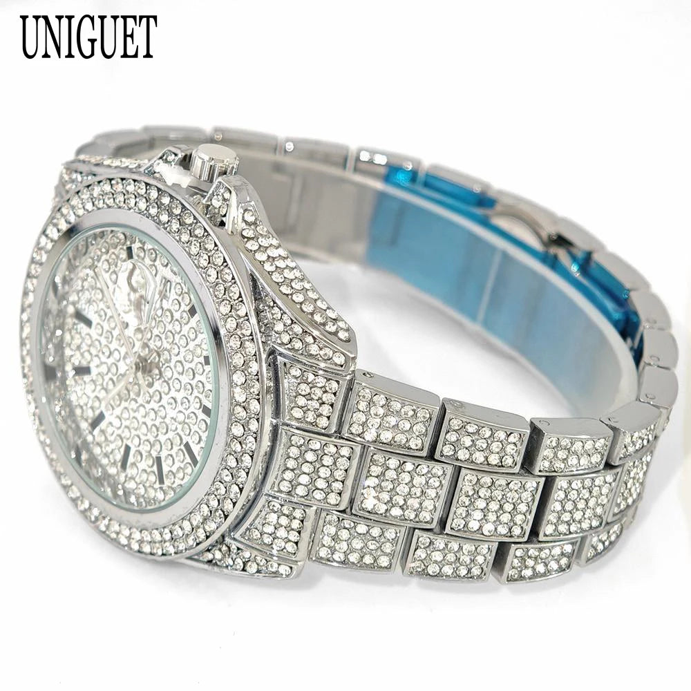 2025 Top Luxury Gold Mens Watches Fashion Design Hip Hop Diamond Watch with Calendar Waterproof Quartz Wristwatches Man Gift Hot