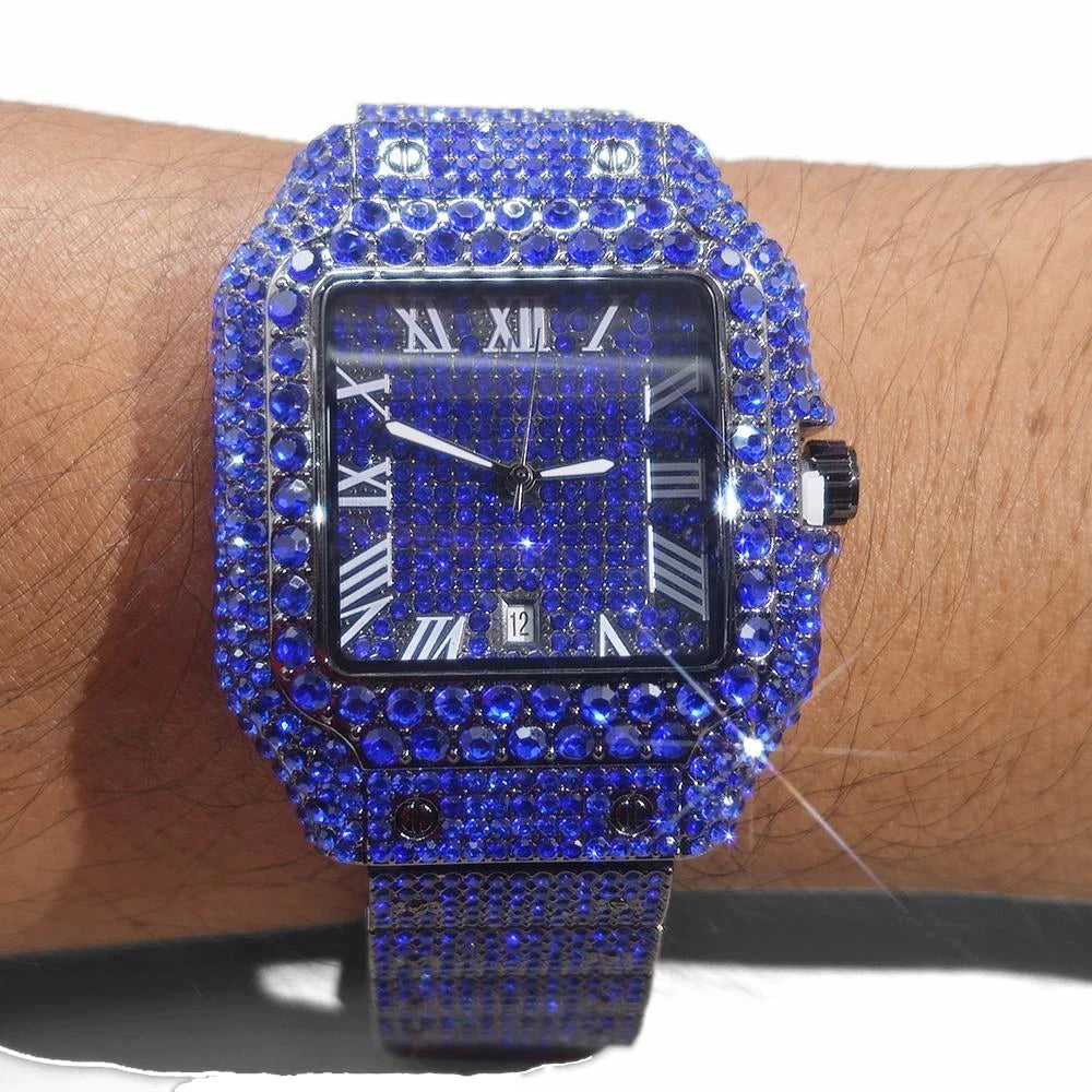 New Blue Diamond Watch for Men Luxury Stainless Steel Hip Hop Watches Unique Bling Ice Out Waterproof Wristwatch Man 2025 Hot ﻿