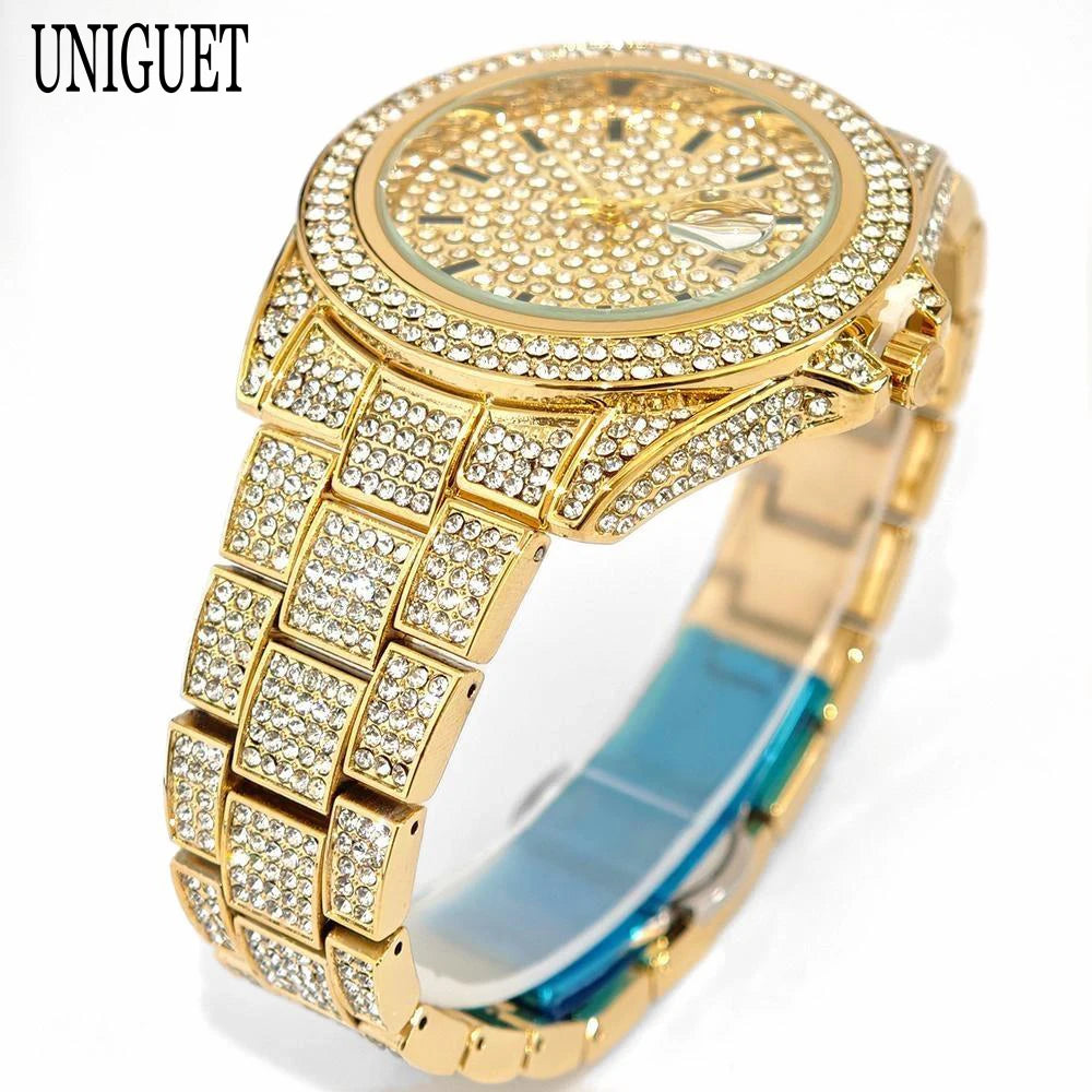 2025 Top Luxury Gold Mens Watches Fashion Design Hip Hop Diamond Watch with Calendar Waterproof Quartz Wristwatches Man Gift Hot