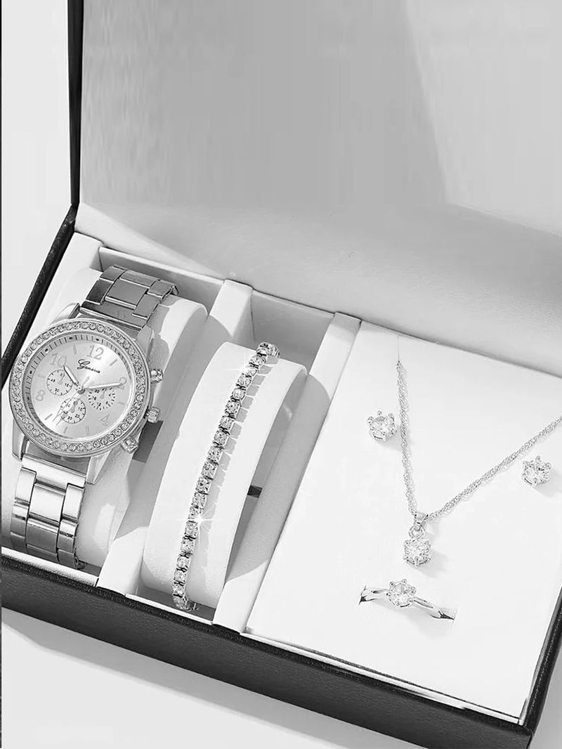 6 Pieces of Fashionable and Versatile Diamond Inlaid Rhinestone WOMEN'S Quartz Steel Band Watch+Necklace+Earrings+Ring+Bracelet