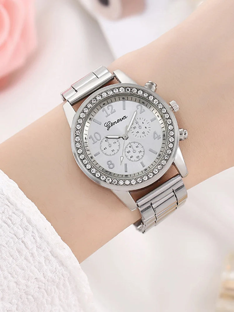 6 Pieces of Fashionable and Versatile Diamond Inlaid Rhinestone WOMEN'S Quartz Steel Band Watch+Necklace+Earrings+Ring+Bracelet
