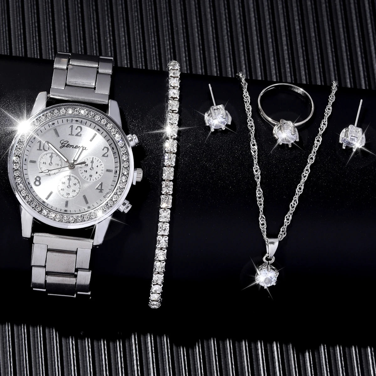 6 Pieces of Fashionable and Versatile Diamond Inlaid Rhinestone WOMEN'S Quartz Steel Band Watch+Necklace+Earrings+Ring+Bracelet