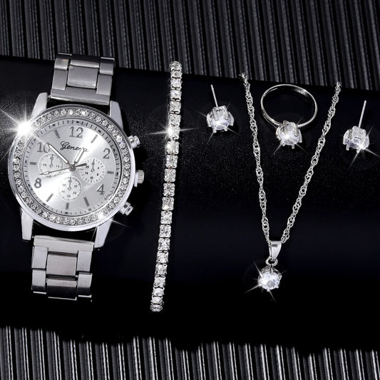 6 Pieces of Fashionable and Versatile Diamond Inlaid Rhinestone WOMEN'S Quartz Steel Band Watch+Necklace+Earrings+Ring+Bracelet