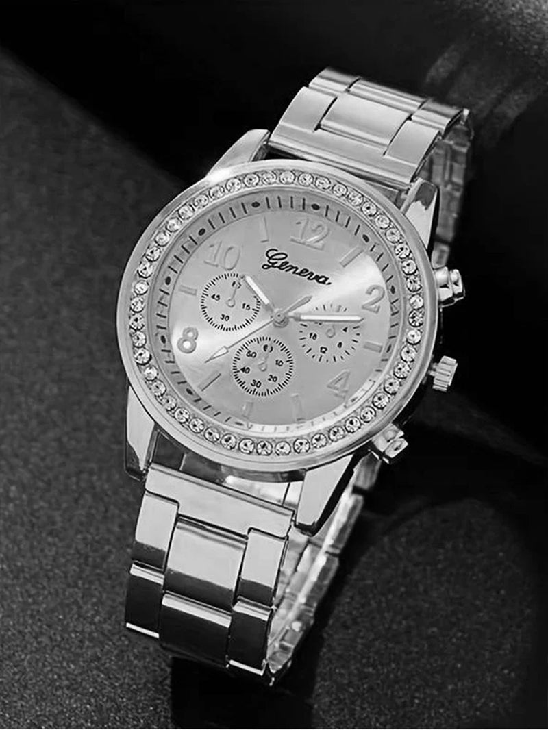 6 Pieces of Fashionable and Versatile Diamond Inlaid Rhinestone WOMEN'S Quartz Steel Band Watch+Necklace+Earrings+Ring+Bracelet