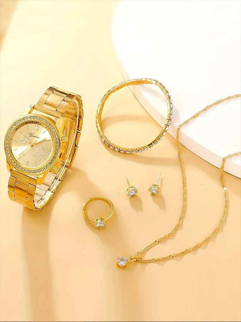6 Pieces of Fashionable and Versatile Diamond Inlaid Rhinestone WOMEN'S Quartz Steel Band Watch+Necklace+Earrings+Ring+Bracelet