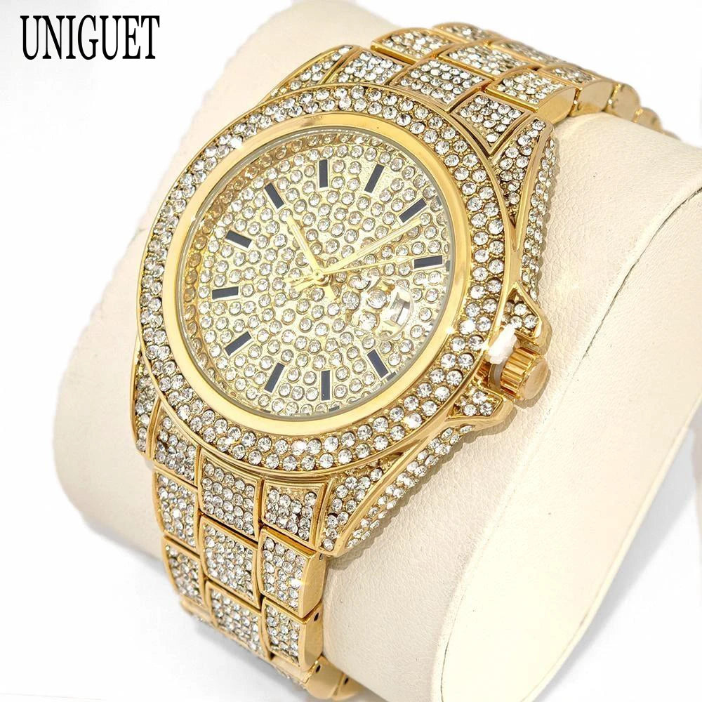 2025 Top Luxury Gold Mens Watches Fashion Design Hip Hop Diamond Watch with Calendar Waterproof Quartz Wristwatches Man Gift Hot