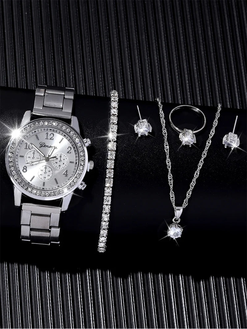 6 Pieces of Fashionable and Versatile Diamond Inlaid Rhinestone WOMEN'S Quartz Steel Band Watch+Necklace+Earrings+Ring+Bracelet