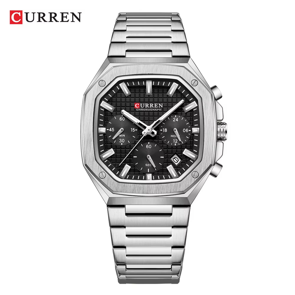 Casual Versatility Men'S Square Stainless Steel Chronograph Watch with Date Vintage-Inspired Design Quartz Wristwatch